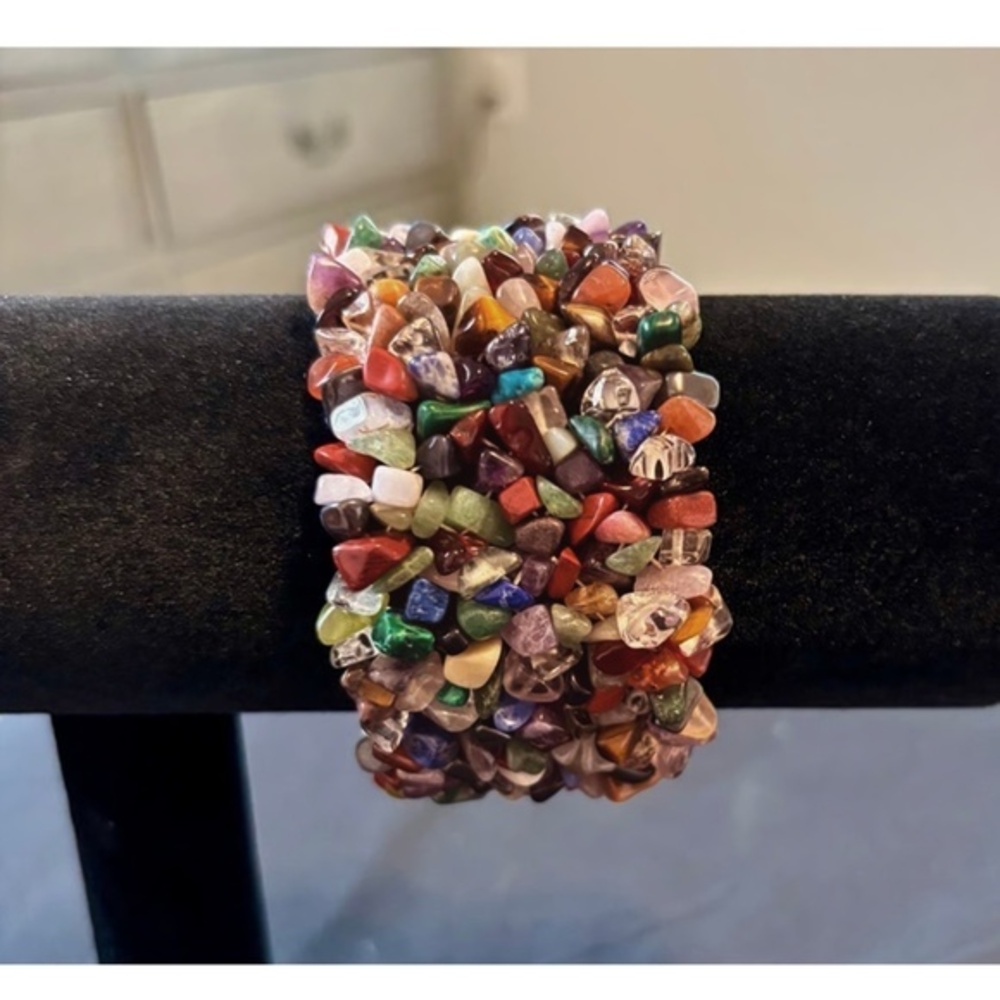 Statement Gemstone Chip Stretch Cuff Bracelet Multicolor Boho Jewelry
